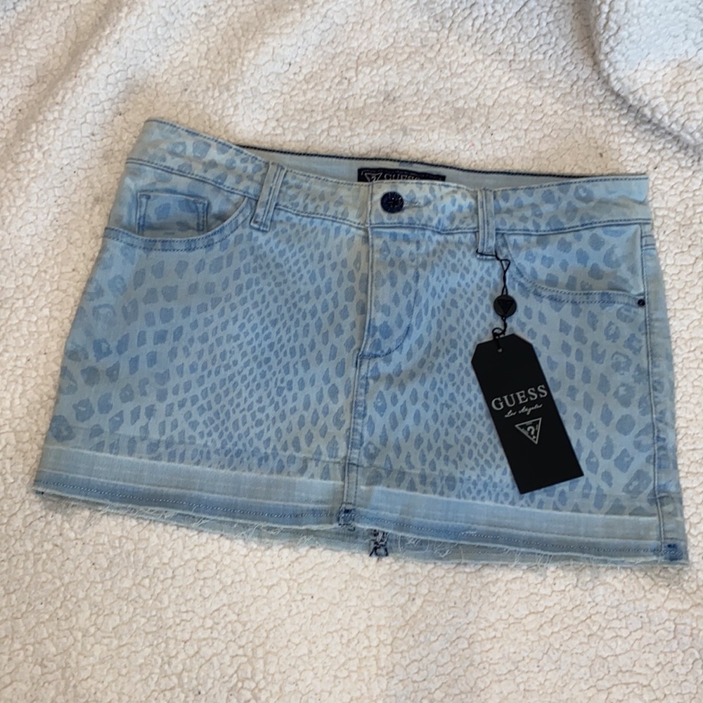Guess Animal Print Blue Jean Cut-Off Mini Skirt in RAD Wash, NWT